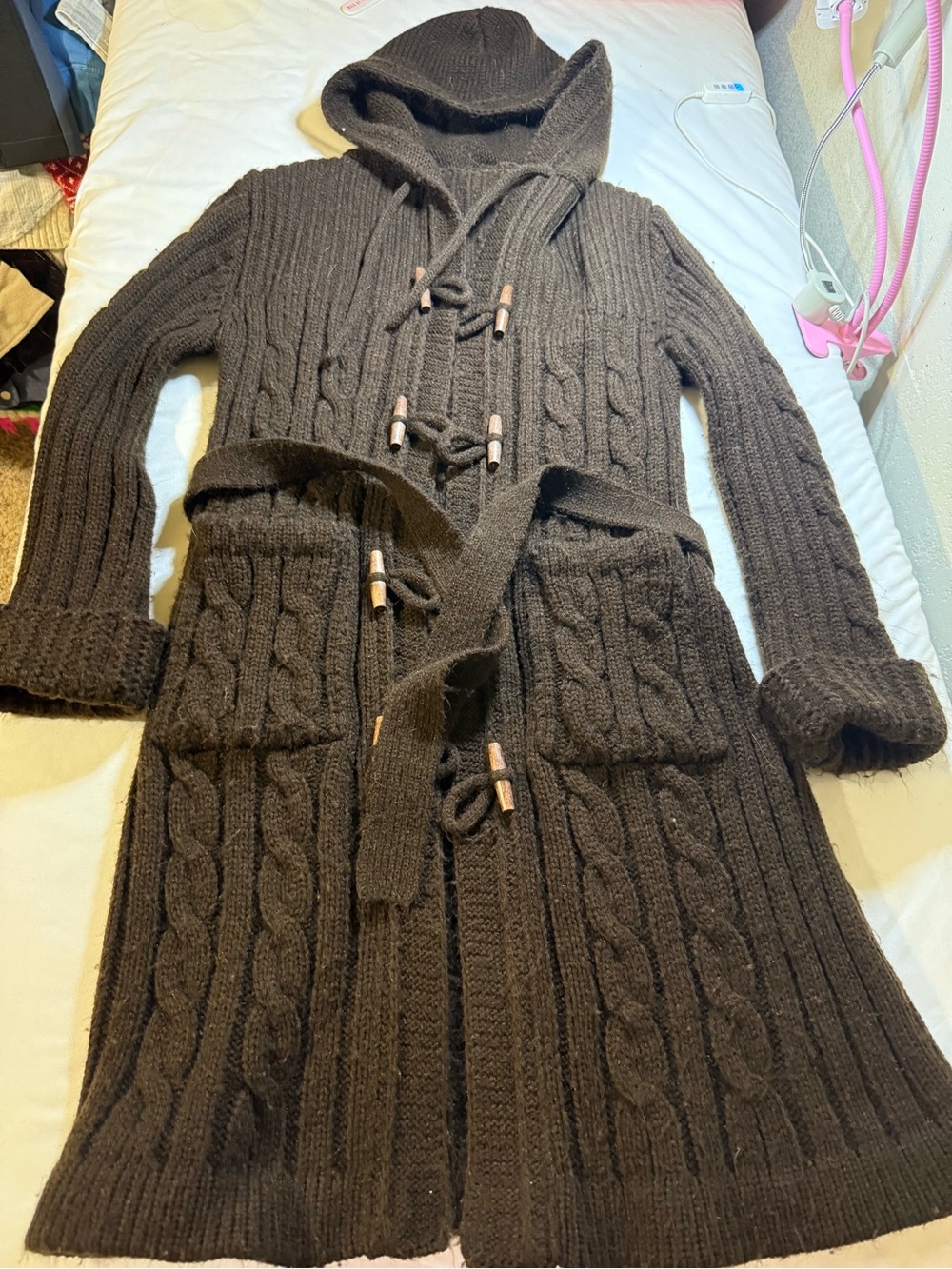 Hooded Cable-Knit Long Cardigan Sweater - Brown